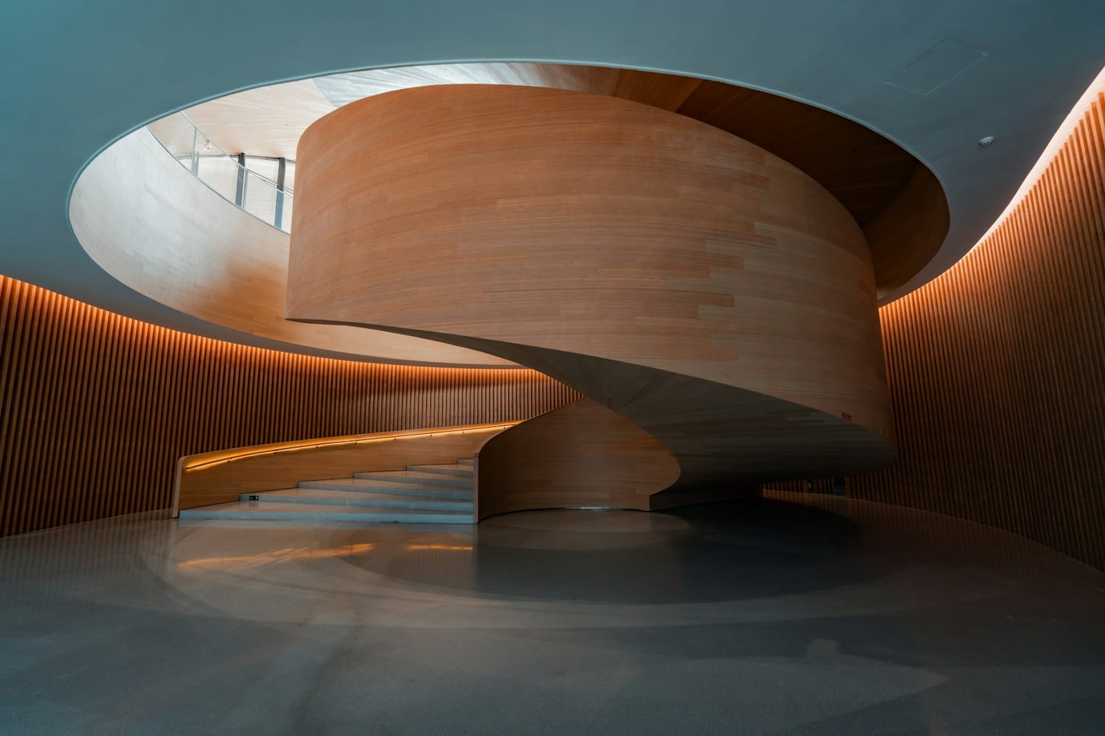 Modern spiral staircase with warm wood accents