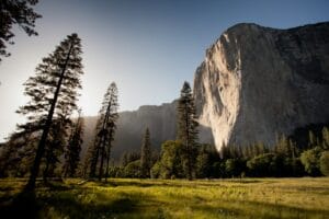 landmark photography of trees near rocky mountain under blue skies daytime